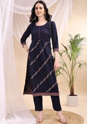 Navy Blue Embroidered Viscose Kurta Set