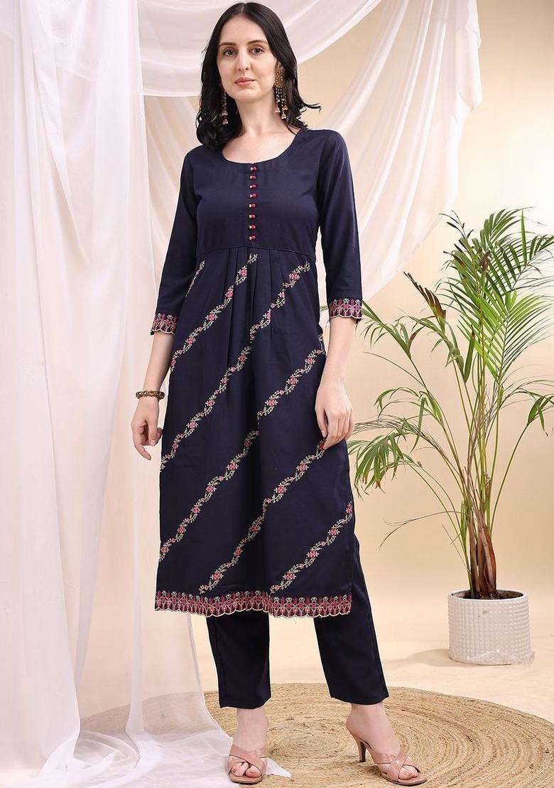 Navy Blue Embroidered Viscose Kurta Set - Indya