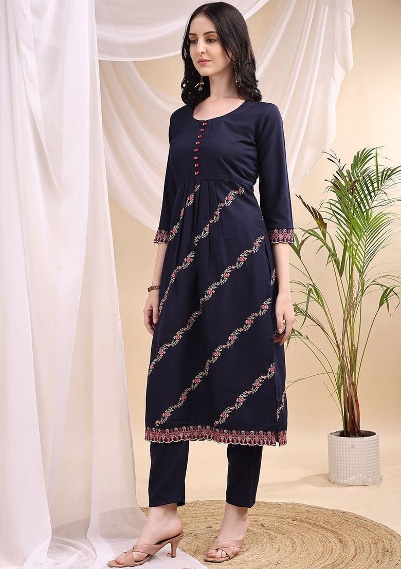 Navy Blue Embroidered Viscose Kurta Set - Indya