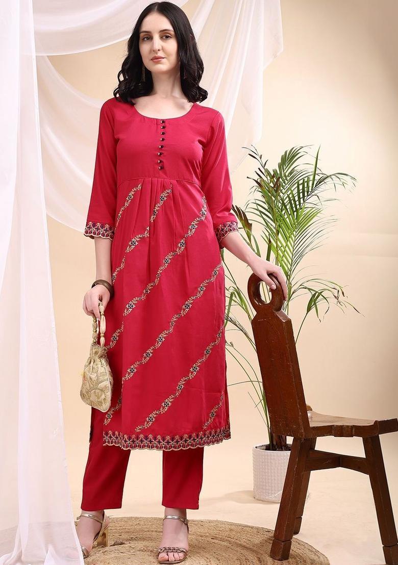 Red Embroidered Viscose Kurta Set - Indya