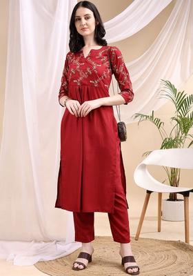 Maroon Embroidered Viscose Kurta Set