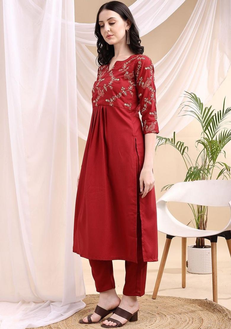 Maroon Embroidered Viscose Kurta Set - Indya