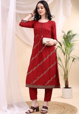 Maroon Embroidered Viscose Kurta Set