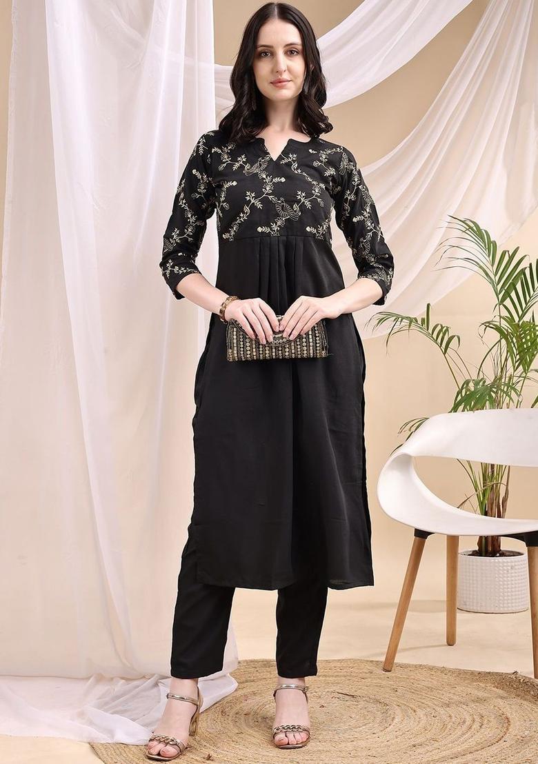 Black Printed Viscose Kurta Set - Indya