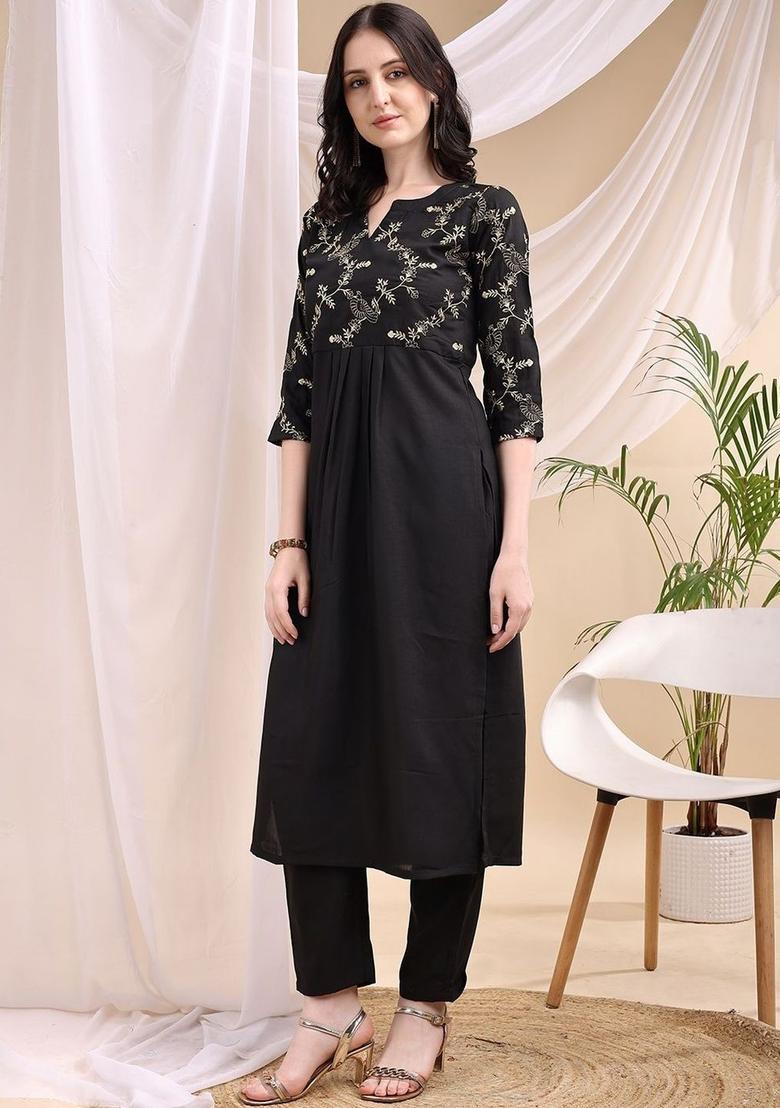 Black Printed Viscose Kurta Set - Indya