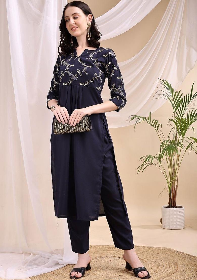 Navy Blue Embroidered Viscose Kurta Set - Indya