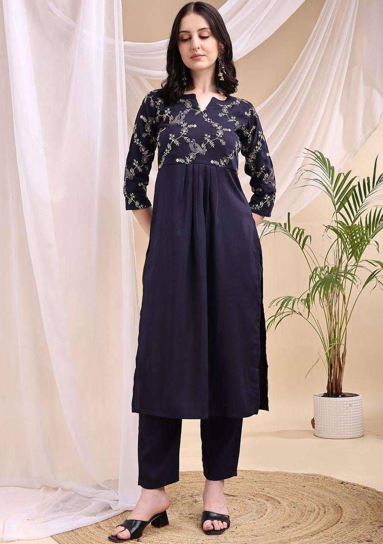 Navy Blue Embroidered Viscose Kurta Set - Indya