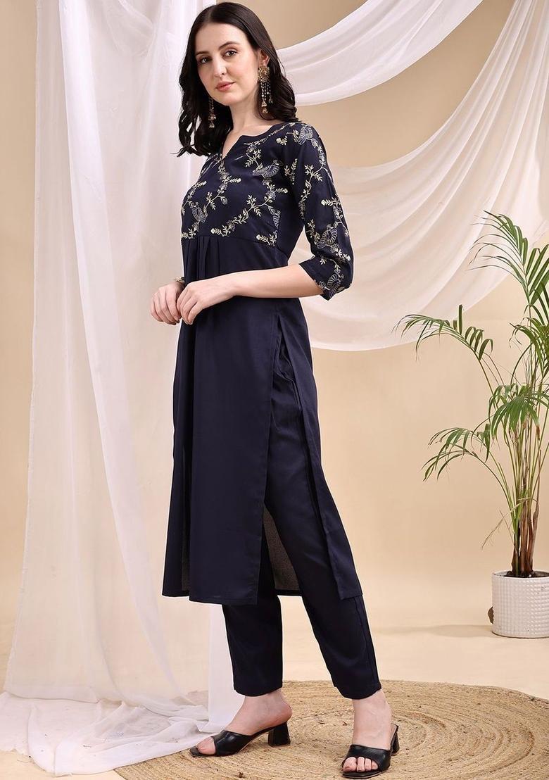 Navy Blue Embroidered Viscose Kurta Set - Indya