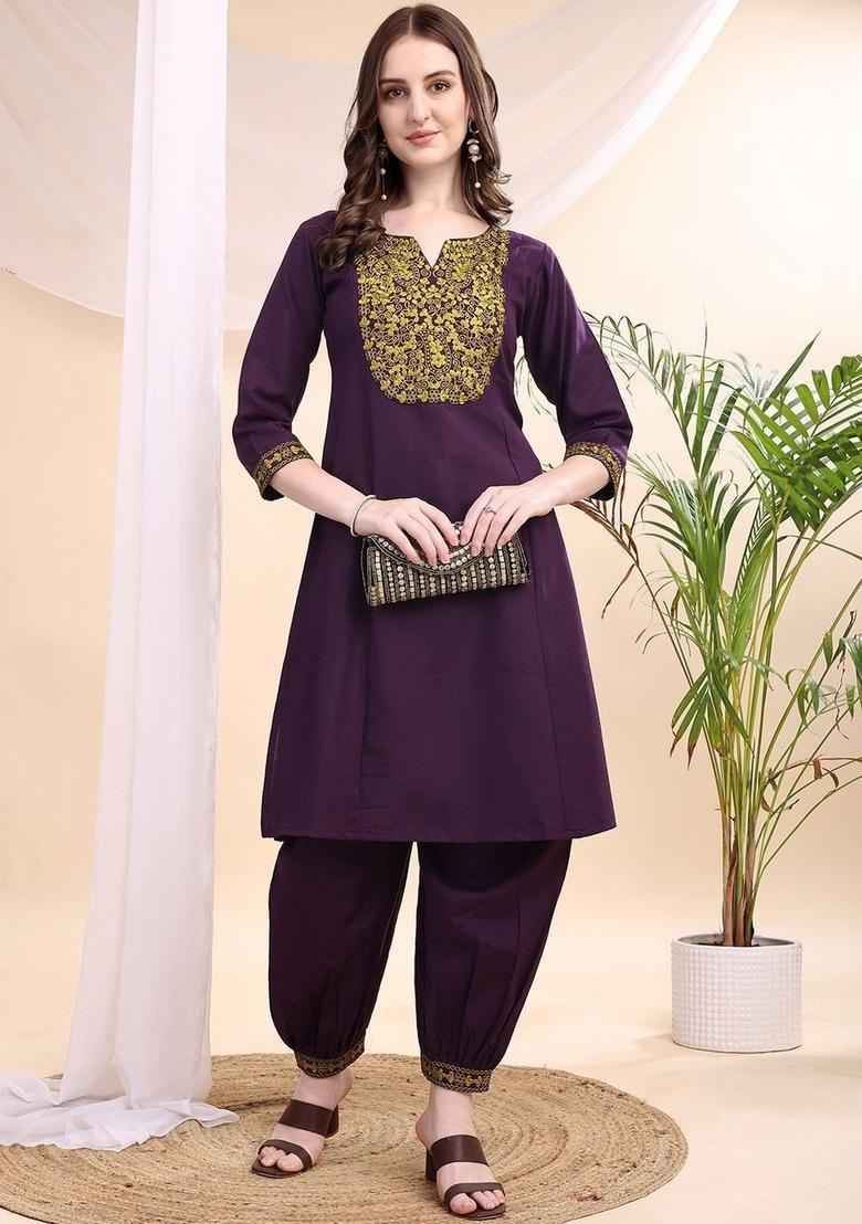 Purple Embroidered Viscose Kurta Set - Indya