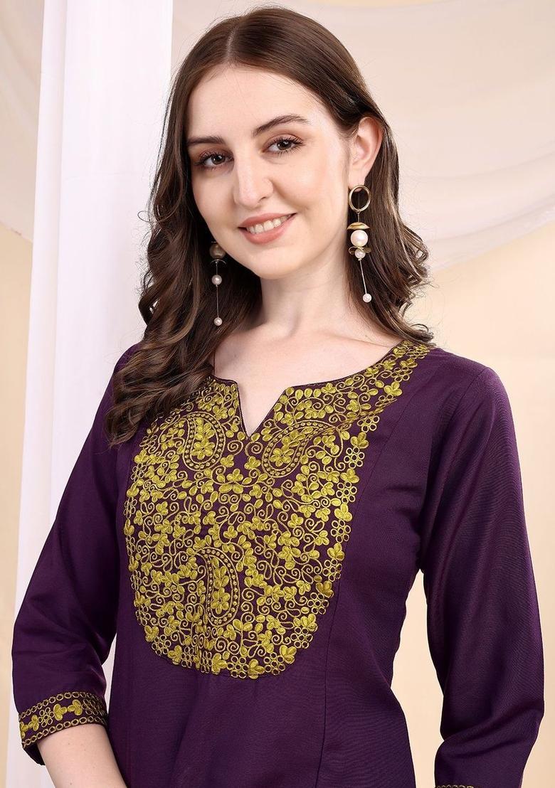 Purple Embroidered Viscose Kurta Set - Indya