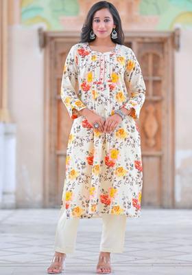 Off White Printed Cotton Kurta Set