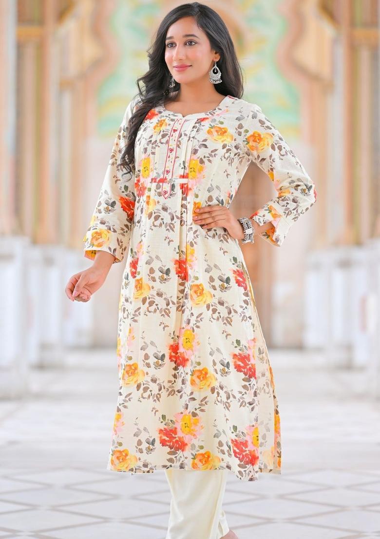 Off White Printed Cotton Kurta Set - Indya