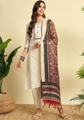 Off White Embroidered Cotton Kurta Set