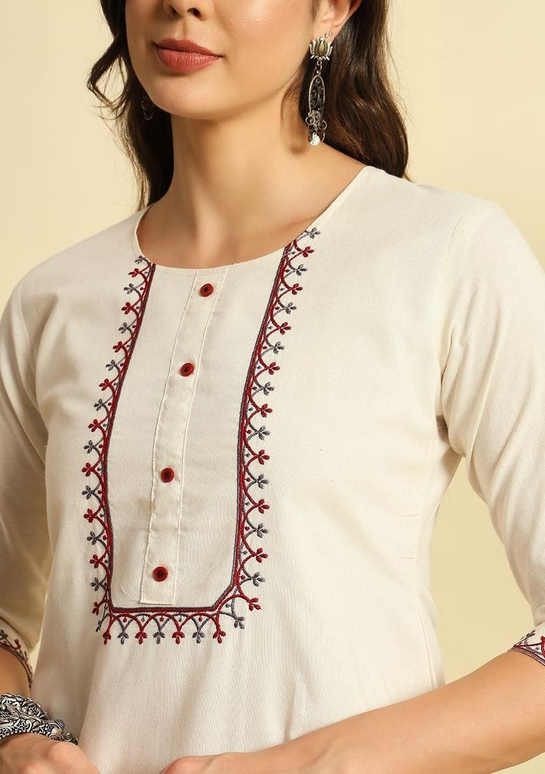 Off White Embroidered Cotton Kurta Set - Indya