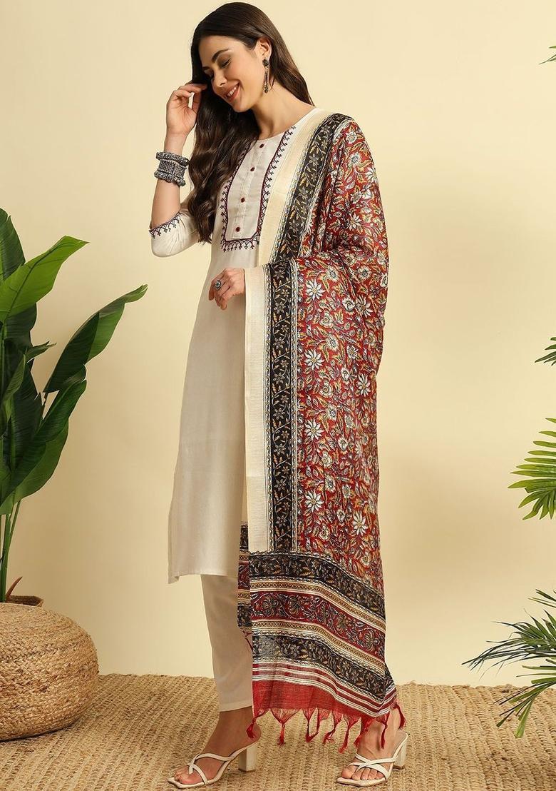 Off White Embroidered Cotton Kurta Set - Indya