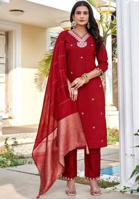 Maroon Embroidered Silk Kurta Set