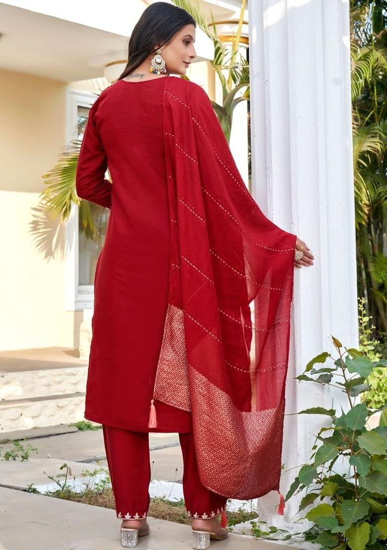 Maroon Embroidered Silk Kurta Set - Indya