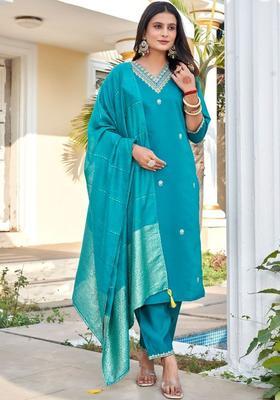 Turquoise Blue Embroidered Silk Kurta Set