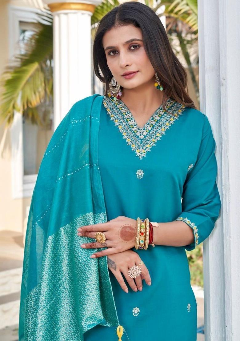 Turquoise Blue Embroidered Silk Kurta Set - Indya