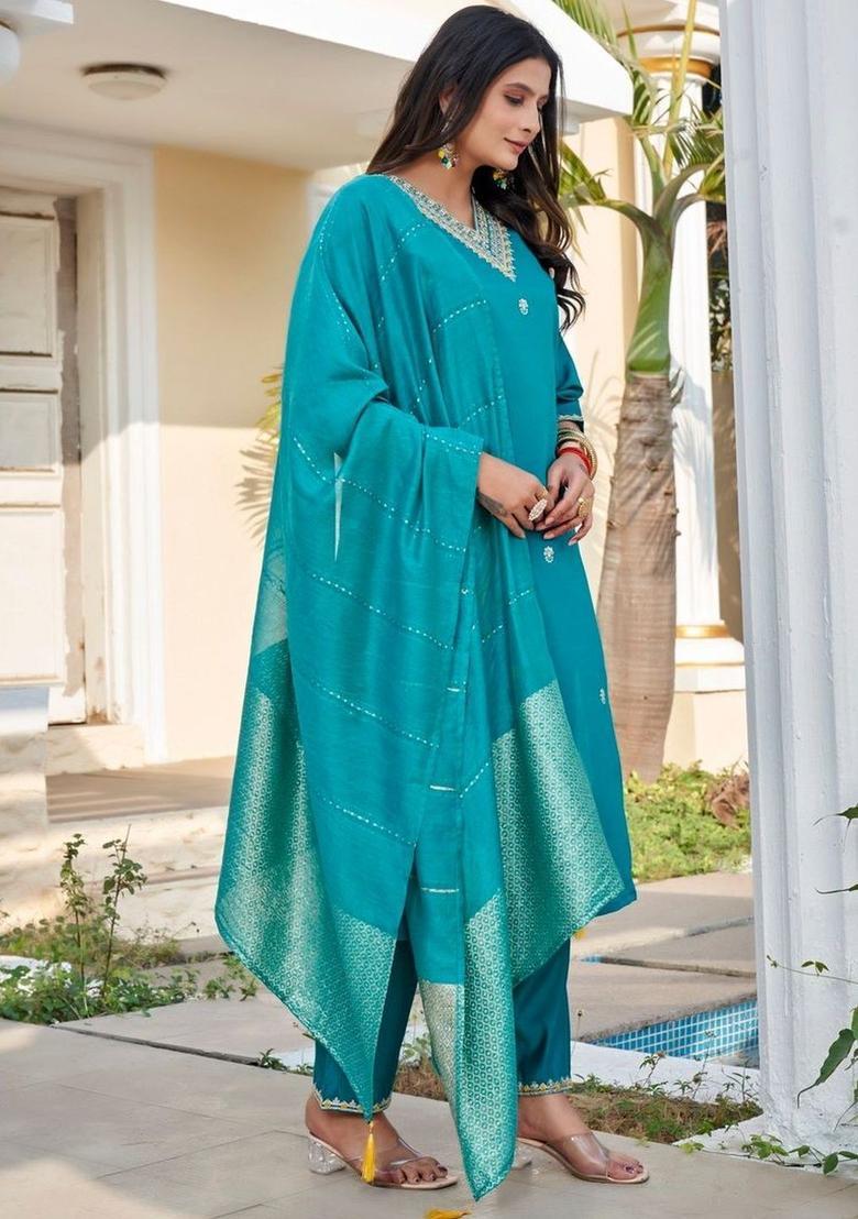 Turquoise Blue Embroidered Silk Kurta Set - Indya