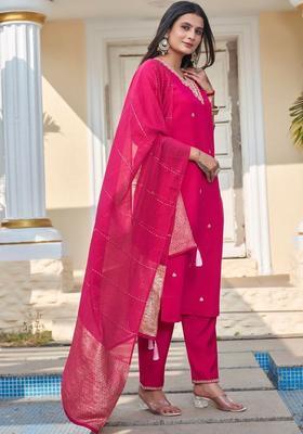 Fuchsia Embroidered Silk Kurta Set