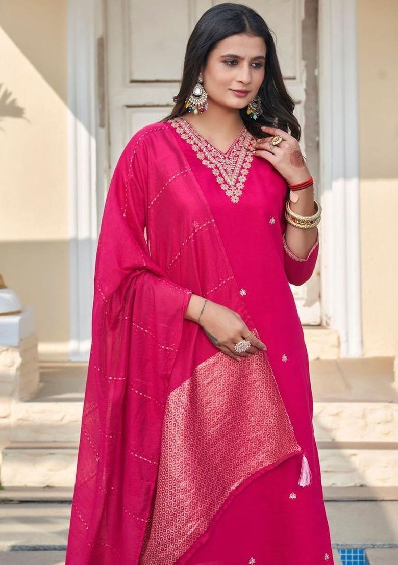 Fuchsia Embroidered Silk Kurta Set - Indya