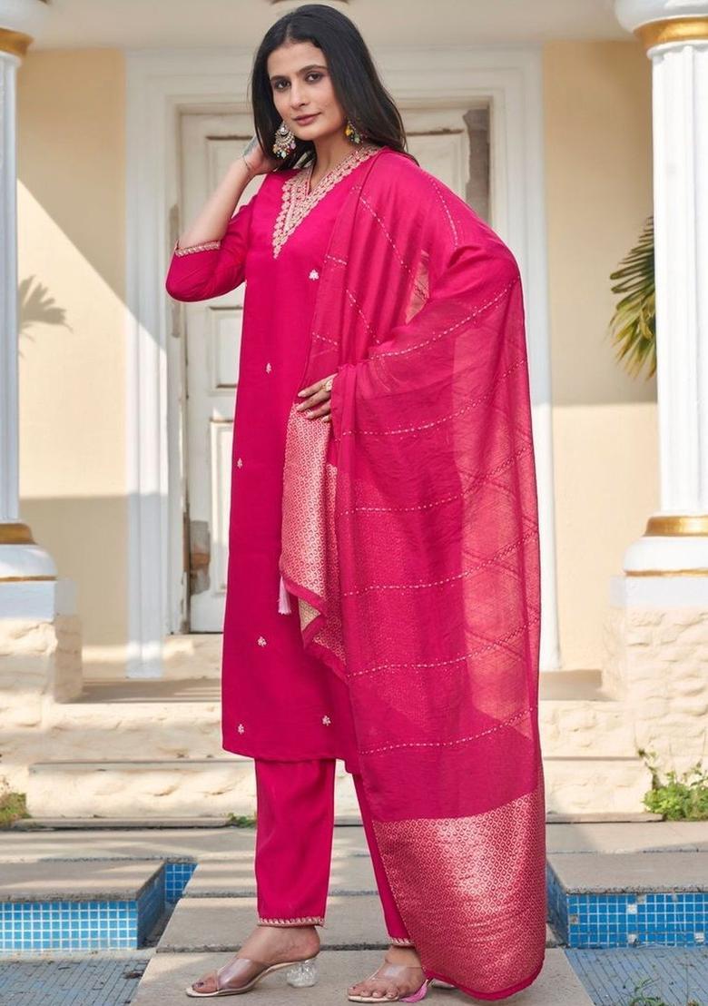 Fuchsia Embroidered Silk Kurta Set - Indya