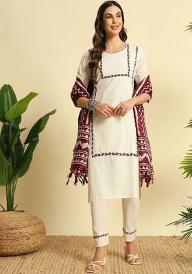Off White Embroidered Cotton Kurta Set