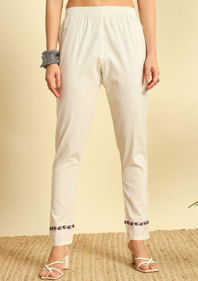 Off White Embroidered Cotton Kurta Set - Indya