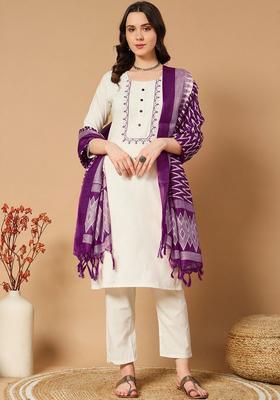 Off White Embroidered Cotton Kurta Set