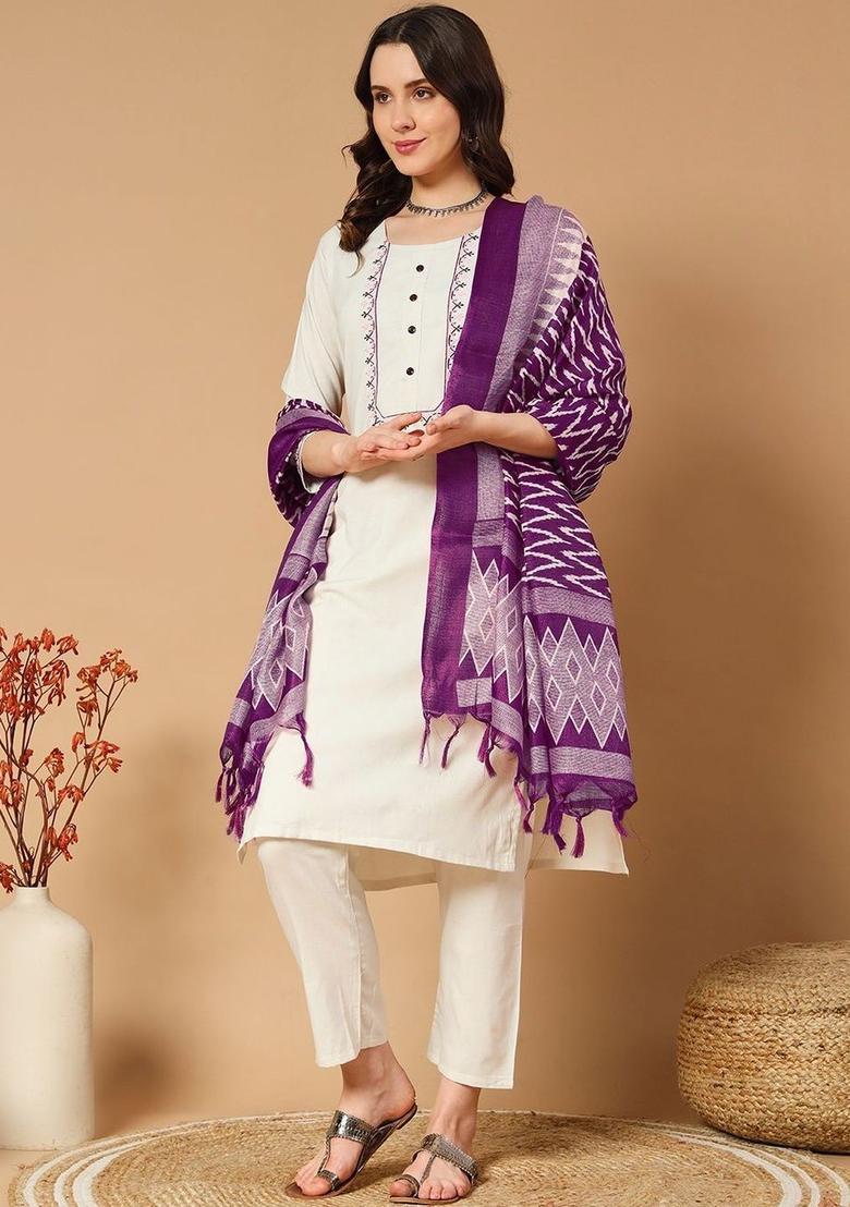 Off White Embroidered Cotton Kurta Set - Indya