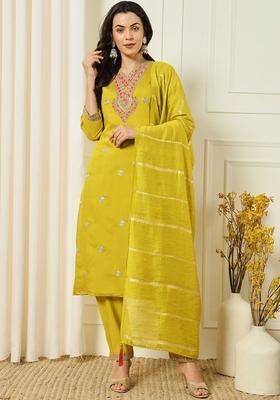 Lime Green Embroidered Silk Kurta Set