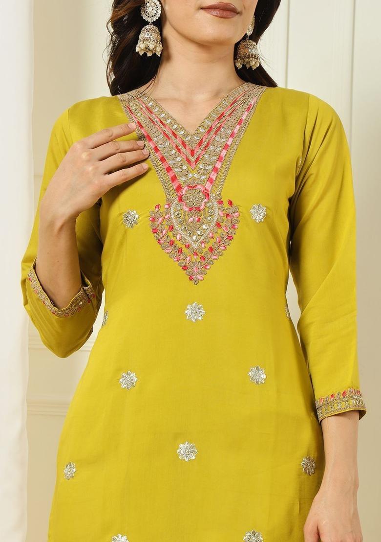 Lime Green Embroidered Silk Kurta Set - Indya