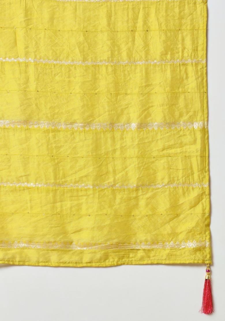 Lime Green Embroidered Silk Kurta Set - Indya