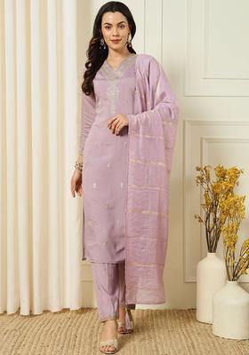 Lavender Embroidered Silk Kurta Set