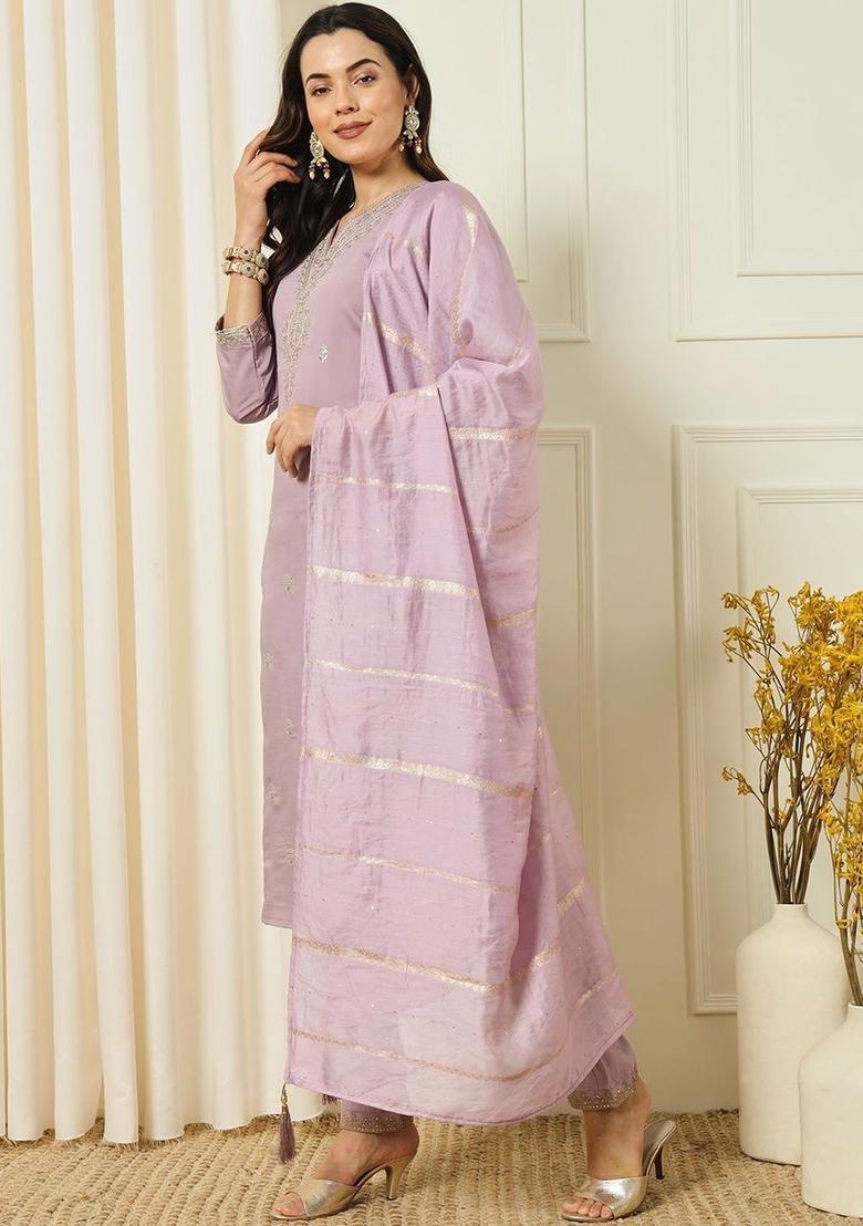 Lavender Embroidered Silk Kurta Set - Indya