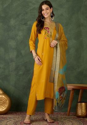 Mustard Self Design Viscose Kurta Set