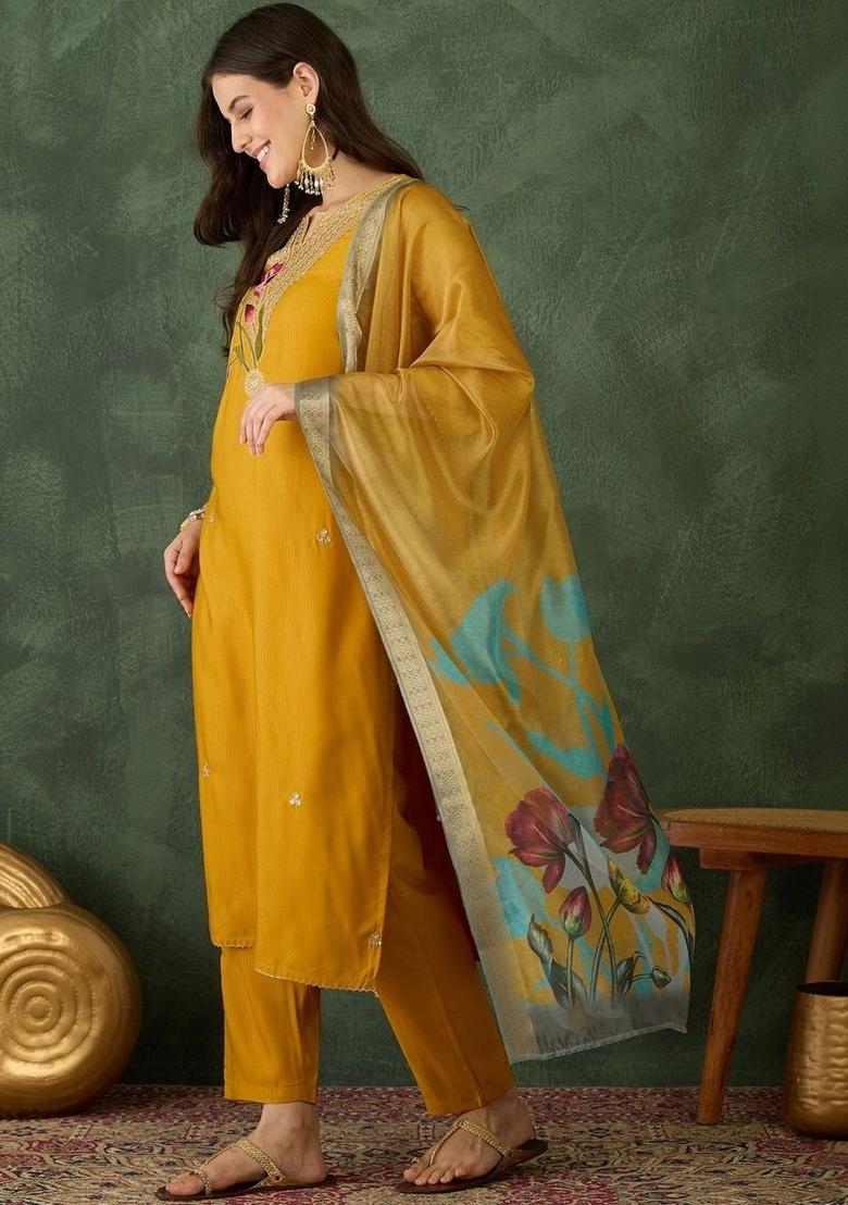 Mustard Self Design Viscose Kurta Set - Indya