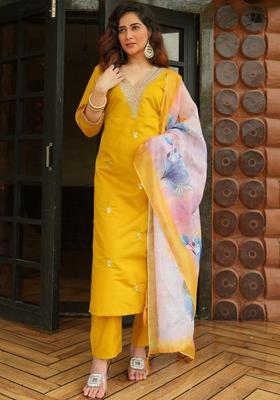 Yellow Solid Silk Kurta Set