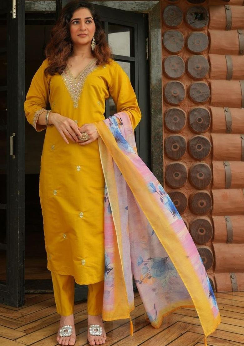 Yellow Solid Silk Kurta Set - Indya