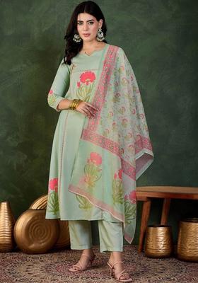 Sea Green Printed Viscose Kurta Set