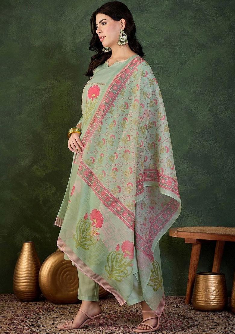 Sea Green Printed Viscose Kurta Set - Indya