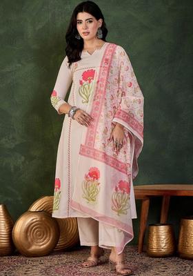 Off White Printed Viscose Kurta Set