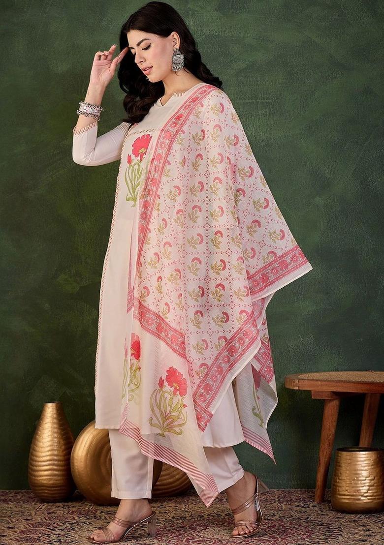 Off White Printed Viscose Kurta Set - Indya