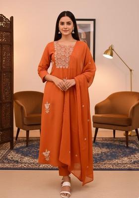 Orange Embroidered Viscose Kurta Set