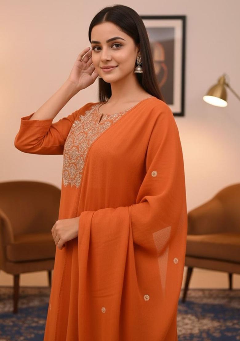 Orange Embroidered Viscose Kurta Set - Indya