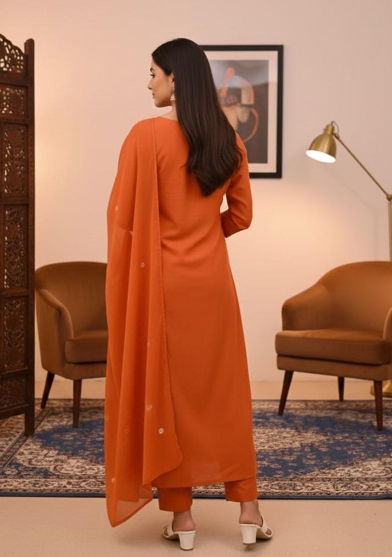 Orange Embroidered Viscose Kurta Set - Indya