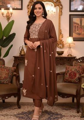 Brown Embroidered Viscose Kurta Set