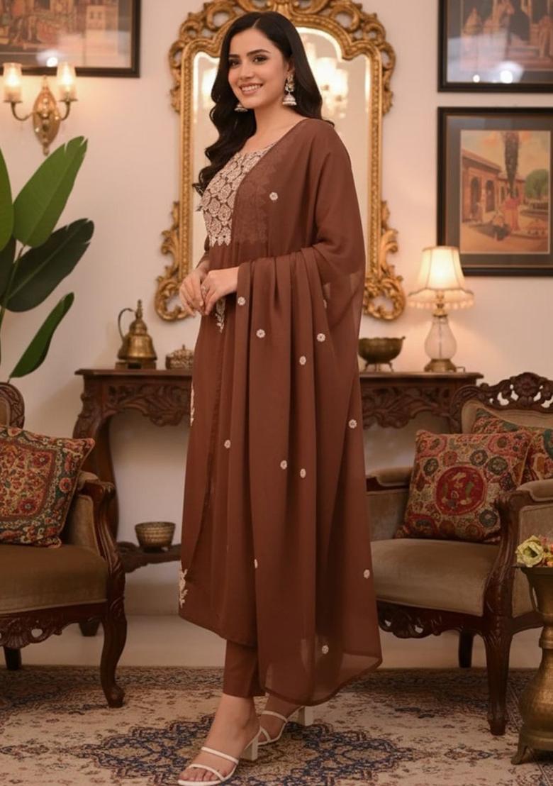 Brown Embroidered Viscose Kurta Set - Indya