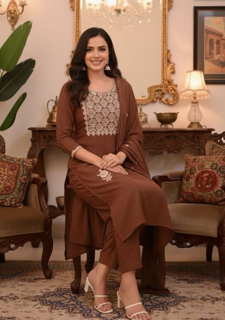 Brown Embroidered Viscose Kurta Set - Indya